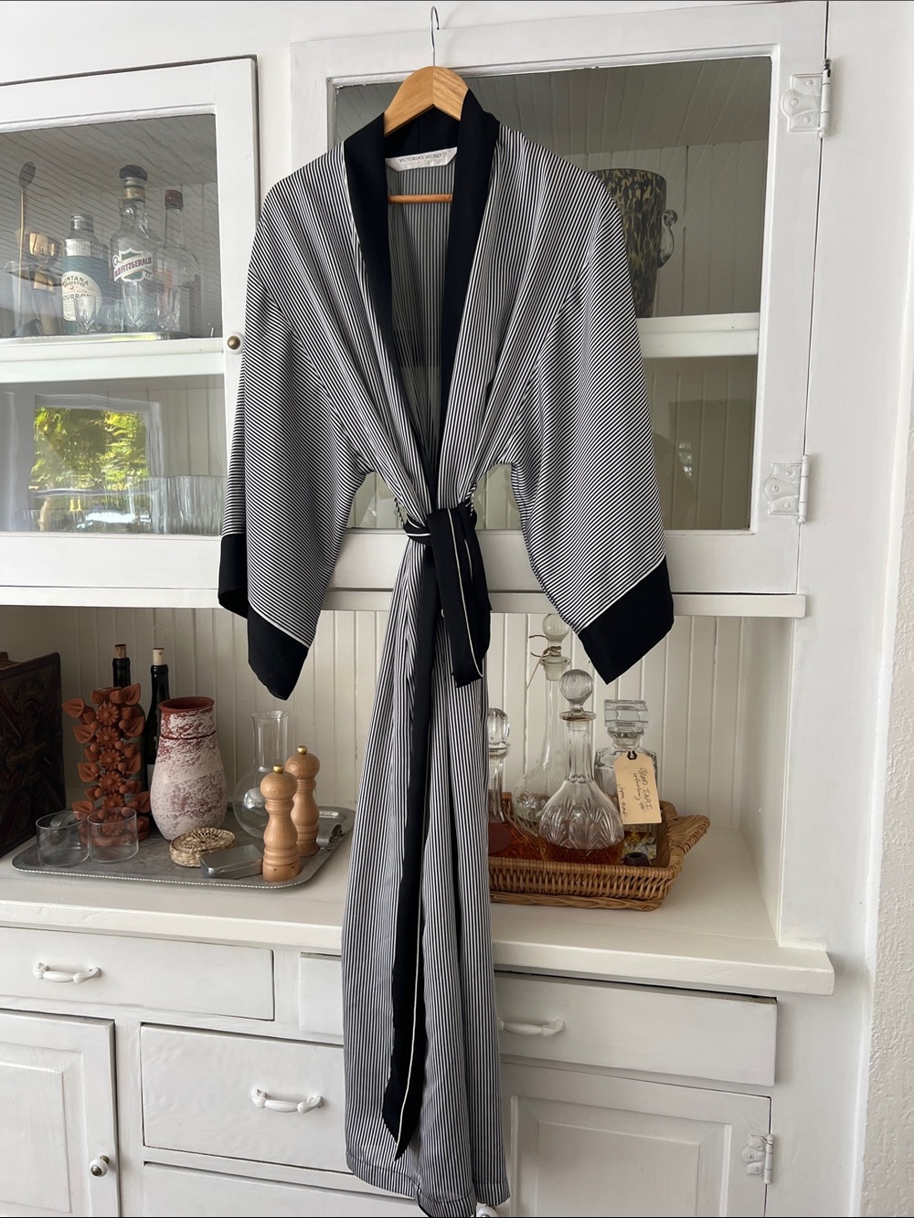 Victoria's Secret Black & White Striped Kimono Robe with Black Trim